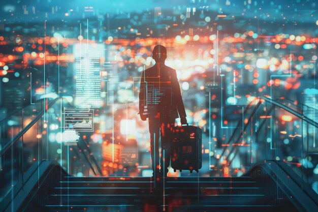 Young businessman on stairs with suitcase city background success concept