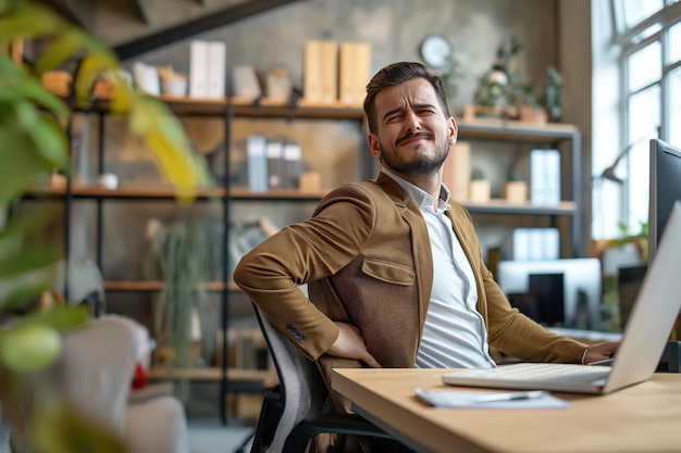 Young Businessman Suffering from Back Pain at Modern Office Desk