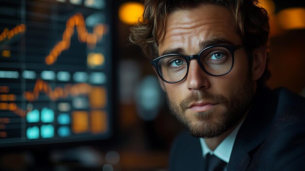 Photo a young businessman in a suit and glasses stares intently at the camera with a stock market graph in the background