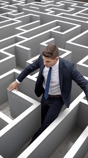 Photo young businessman in suit trying to find way out of maze