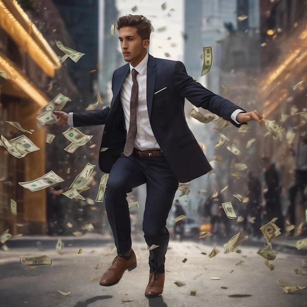 Young businessman throughs around dollars and dances on the street