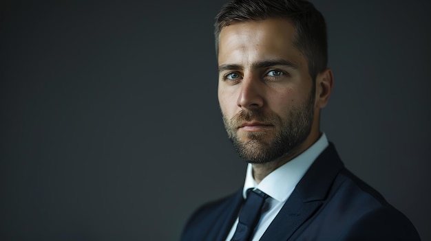 A young businessman wearing a suit and tie looks directly at the camera