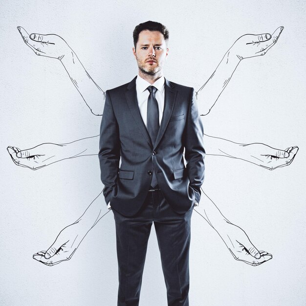 Young businessman with drawn hands