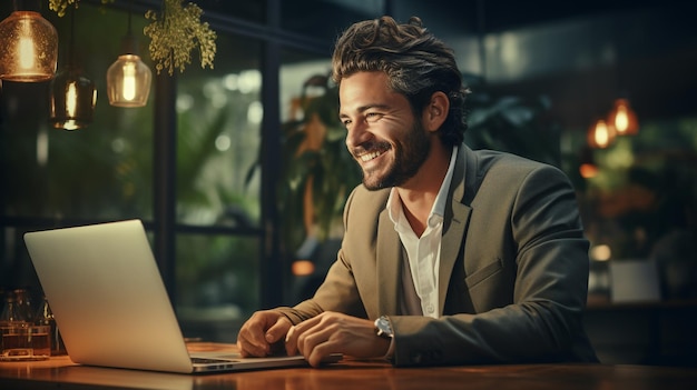 Young businessman working in his office with laptop