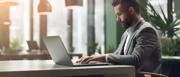 Young businessman working on laptop in modern bright coworking space