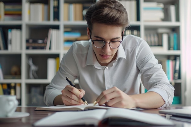 Young businessman writing notes at desk