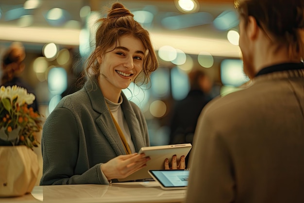 Young Businesswoman Checking In at Hotel with Male Receptionist Showing Rooms on Tablet