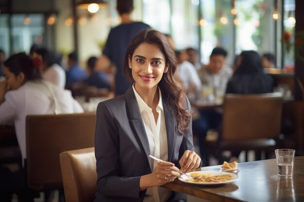 Young businesswoman or corporate employee at restaurant