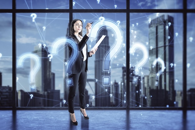 Young businesswoman drawing glowing polygonal question mark on blurry office and window with city view background Ask confusion and why concept Double exposure