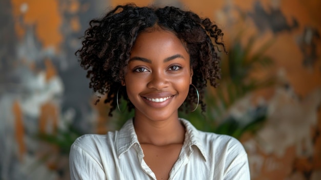 The young businesswoman dressed in a light shirt looks with crossed arms at the camera