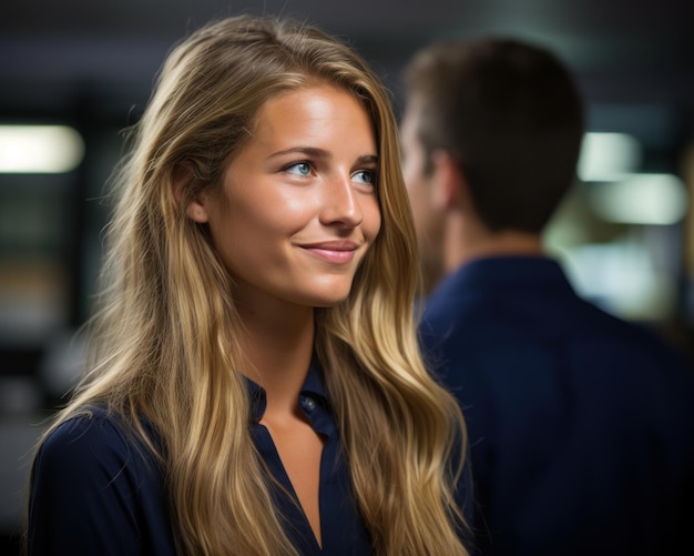 A young businesswoman engaged in a friendly conversation with a colleague hiring image for startups