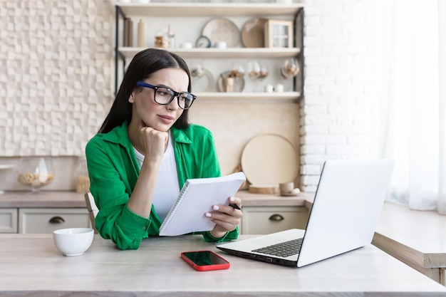 A young businesswoman in glasses sits at home in the kitchen with a laptop and conducts an online