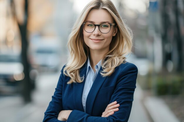 Photo young businesswoman in glasses smiling happily outdoors generate ai image