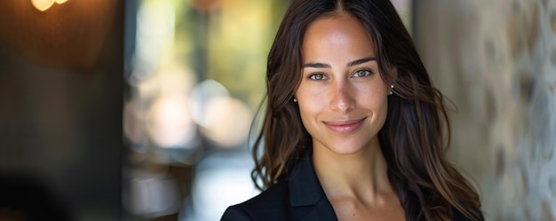 Young businesswoman is smiling outside her office building