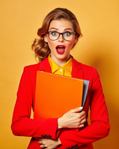 A young businesswoman is standing holding a folder in her hand