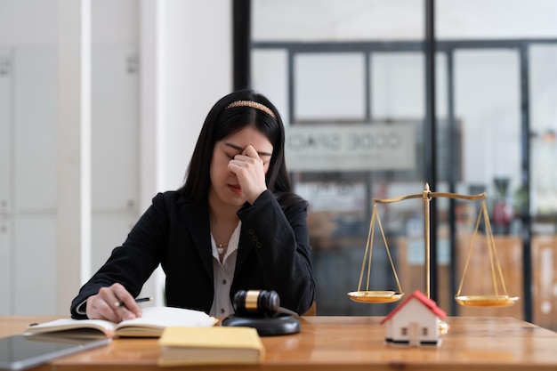 A young businesswoman lawyer is looking stressed as she works at her computer