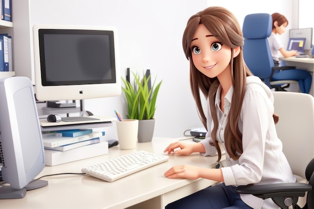 Young businesswoman sitting at desk in office and looking at camera