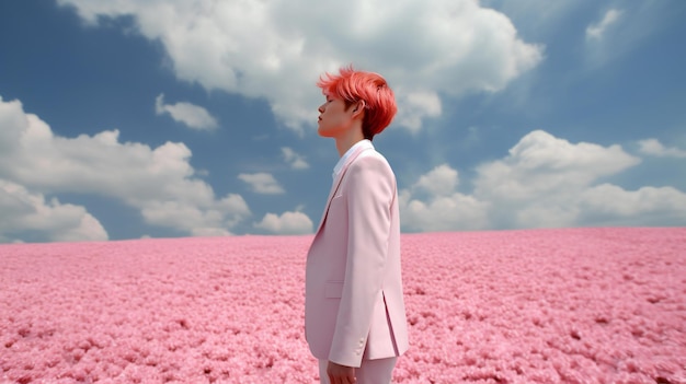 Young businesswoman standing in the middle of a pink field of flowers