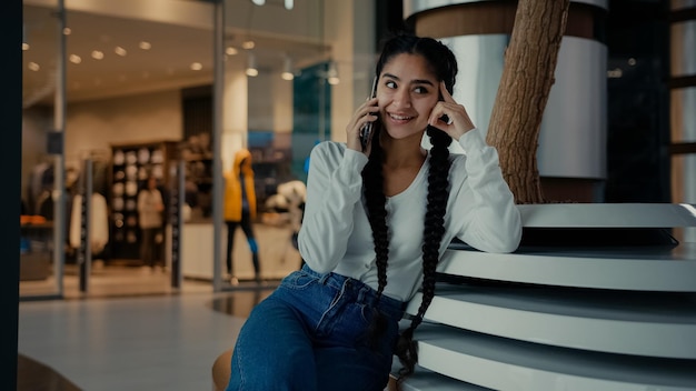 Young businesswoman student ethnic iranian arabian s woman girl shopper speak phone sit in shopping