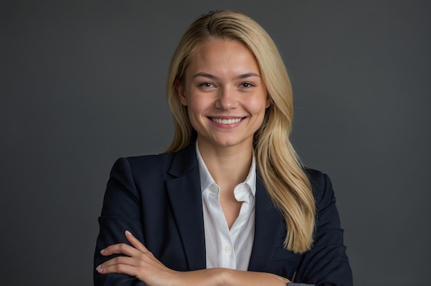 Young businesswoman in a suit smiling confidently with crossed arms