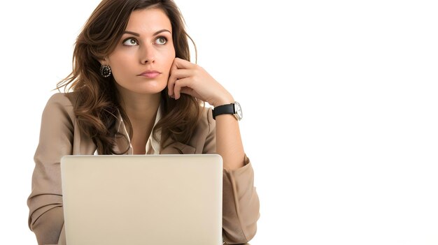 young businesswoman thinking about something while sitting front open portable laptop computer