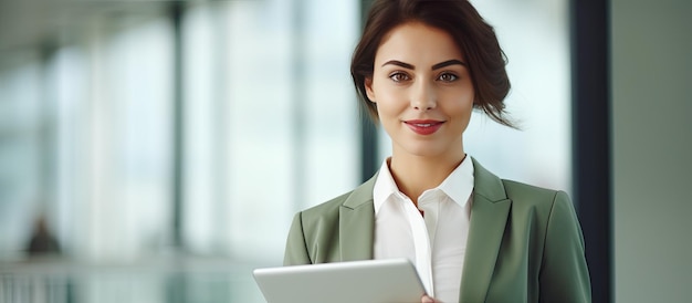 Young businesswoman using tablet in office and looking at camera