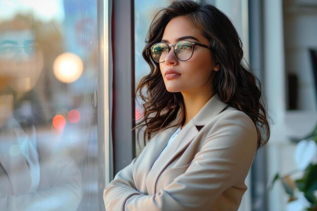 Young businesswoman wearing glasses is looking through office window