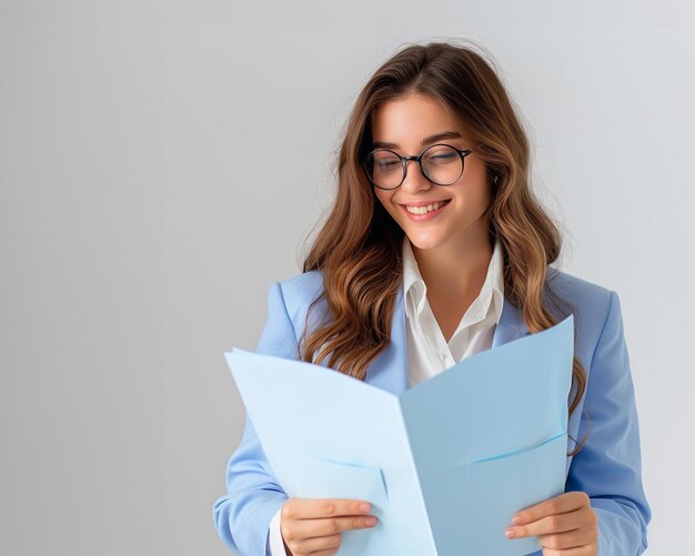 Photo young businesswoman with documents empty white background copy space