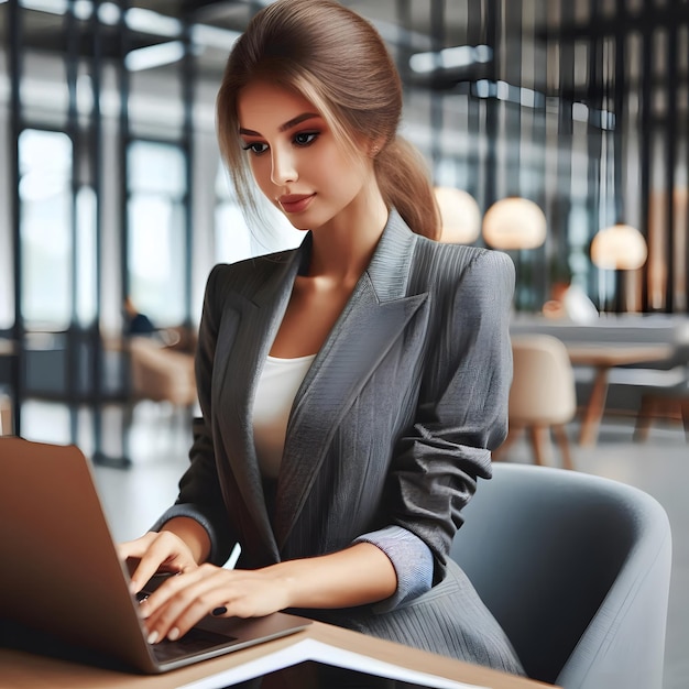 a young businesswoman working on a laptop in a modern office setting photorealistic image