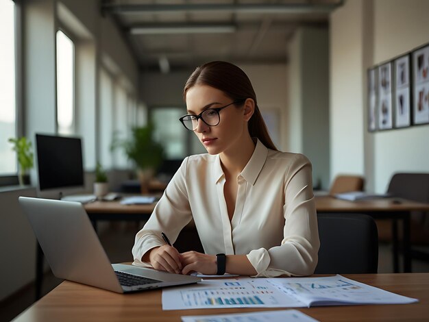 Young businesswoman working on a laptop in an office