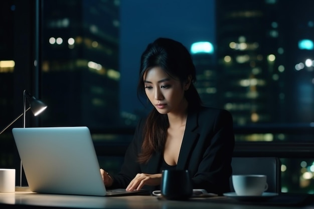 Young busy Asian business woman executive working on laptop at night in dark corporate office Professional businesswoman manager using computer sitting at table big city evening view