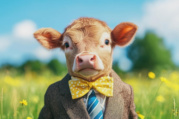 Photo a young calf is dressed in a suit and tie concept of humor and whimsy