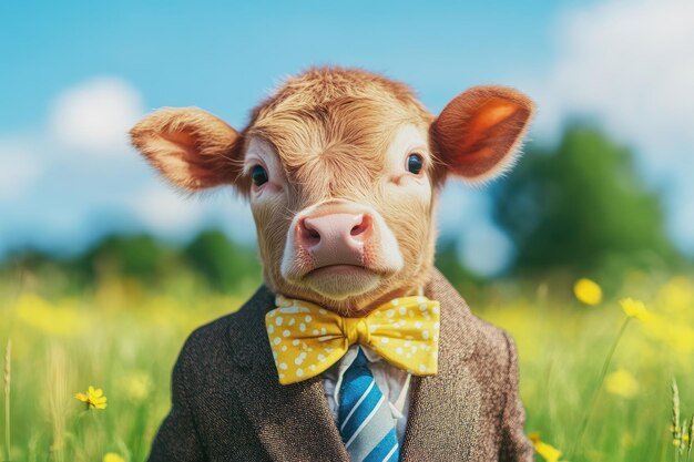 Photo a young calf is dressed in a suit and tie concept of humor and whimsy