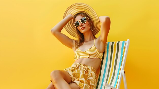 Young calm woman wear summer clothes sit in deckchair hold hands behind neck isolate Generative AI