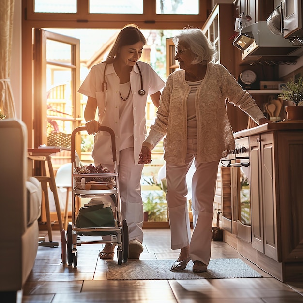 Young Caregiver Helping Senior Woman Walk in Kitchen