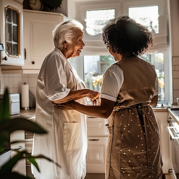 Young Caregiver Helping Senior Woman Walk in Kitchen