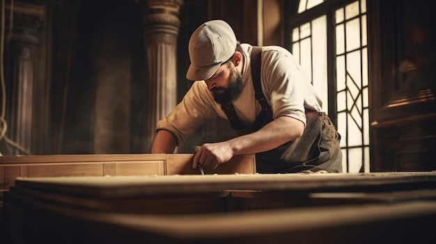 Young carpenter works with wooden boards on workbench in furniture making workshop