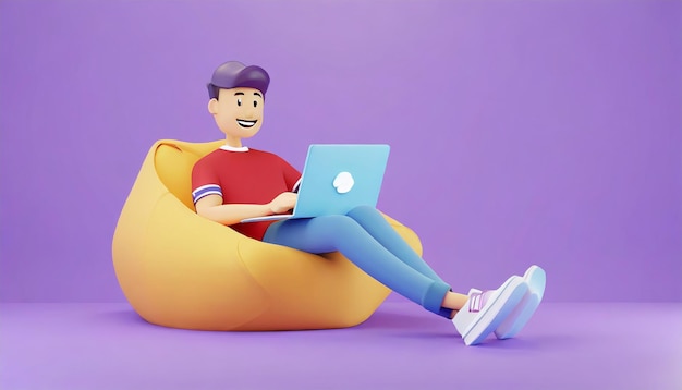 Young cartoon character man in red tshirt work with laptop at yellow bean bag armchair isolated over