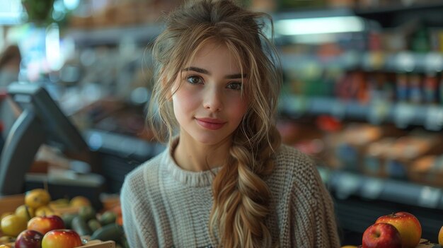 Young cashier at a supermarket serving a customer at the checkout counter