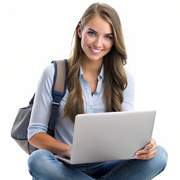 Young casual woman smiling holding laptop