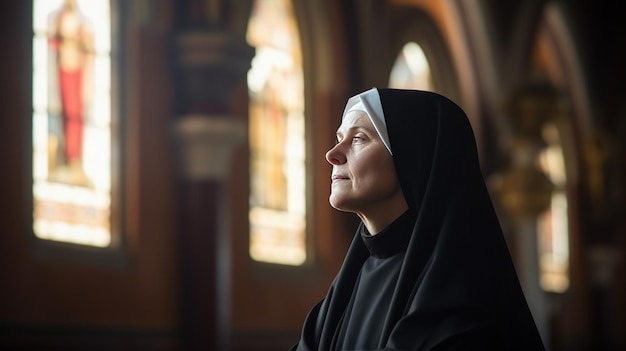 Photo young catholic nun praying in catholic church