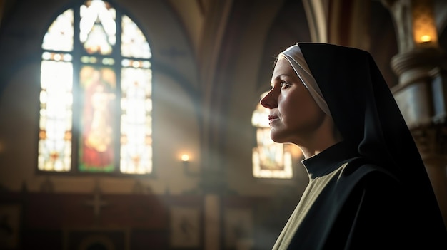 Photo young catholic nun praying in catholic church