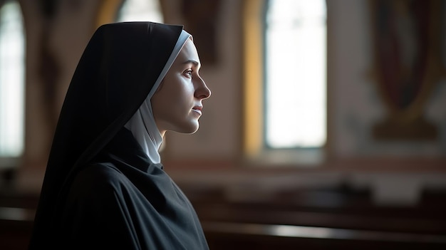 Photo young catholic nun praying in catholic church