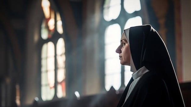 Photo young catholic nun praying in catholic church