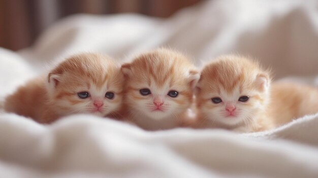 Photo young cats playing cute kittens funny ginger cat lying in the bed on white bed clothes