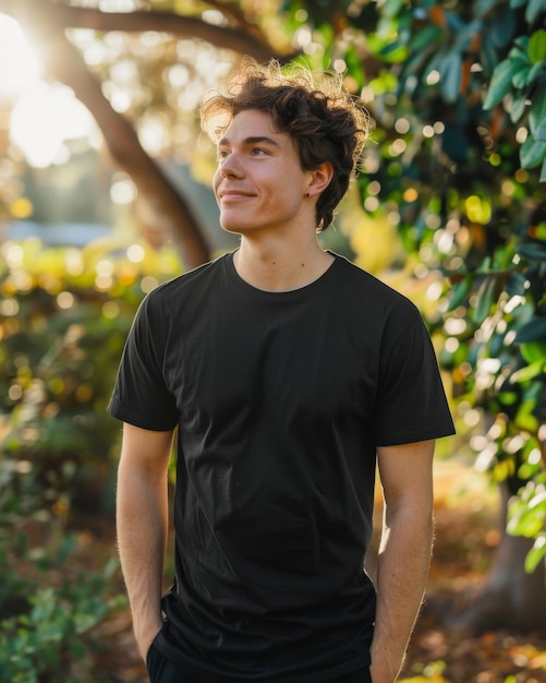 Young Caucasian Adult in Blank Black TShirt