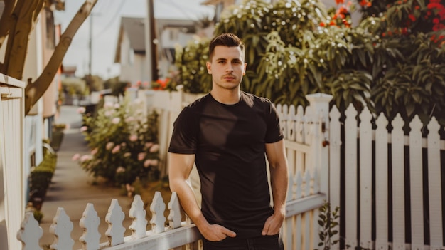 Young Caucasian Adult in Blank Black TShirt