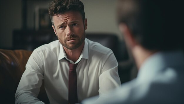 Young Caucasian adult man with short hair wearing a white shirt and dark tie sitting appears serious and focused in conversation