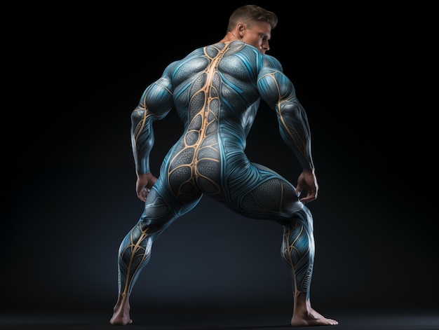 Young caucasian athletic man with blue futuristic abstract tattoo viewed from the back