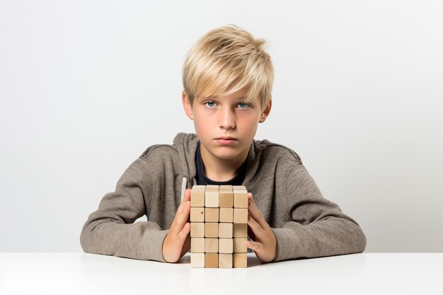 Young Caucasian blond boy with wooden puzzle child mental health concept autism spectrum disorder awareness concept education on gray background copy space